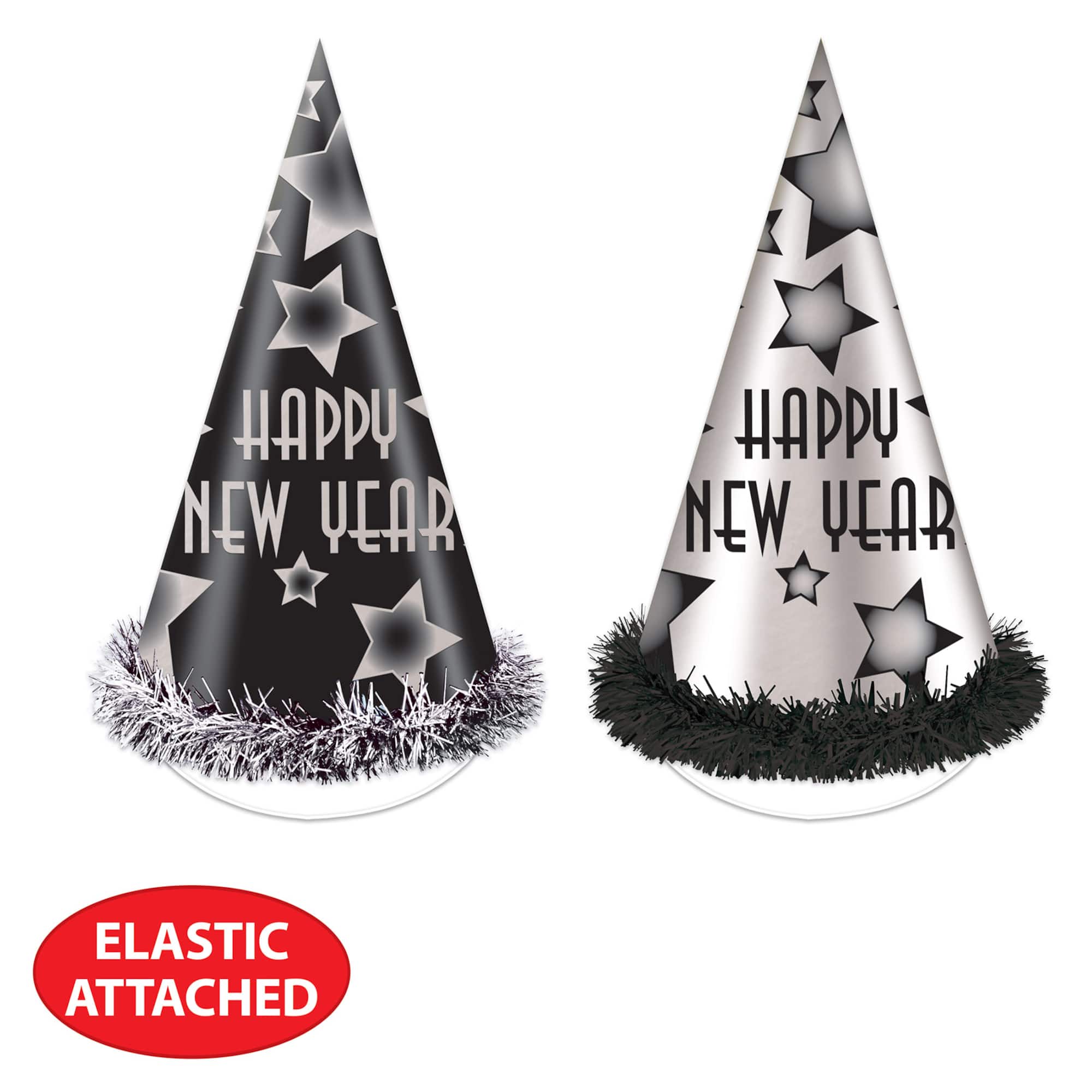 12" Black & Silver Happy New Year Cone Party Hats, 25ct.